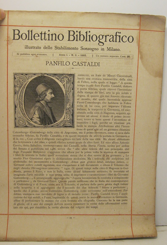Bollettino bibliografico illustrato dello Stabilimento Sonzogno in Milano. Anno I, n. 3, 1883. Panfilo Castaldi